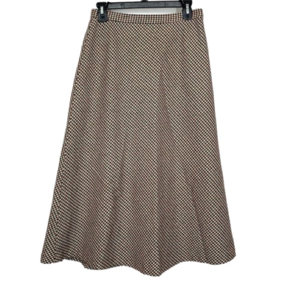 Rare Vintage Marisa Christina Wool Blend Houndstooth Tan Maroon Green Skirt